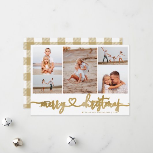 Tartan Gold Merry Christmas Script 5 Fotocollage Feestdagenkaart (Voorkant / Achterkant in situ)