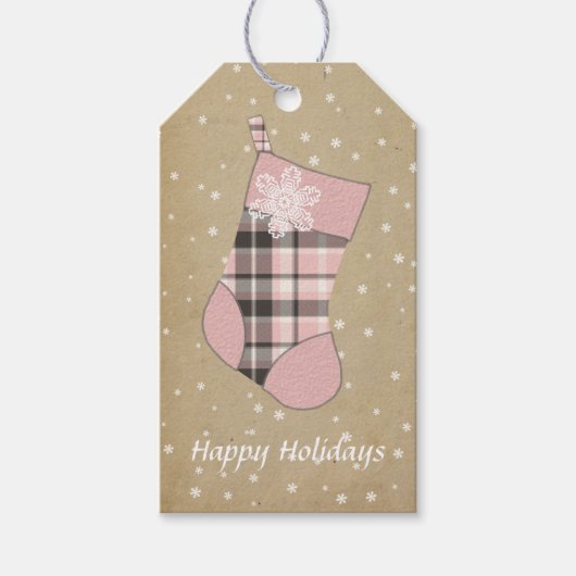Tartan Kerstmis Roze en Grijs ID209 Cadeaulabel (Voorkant)