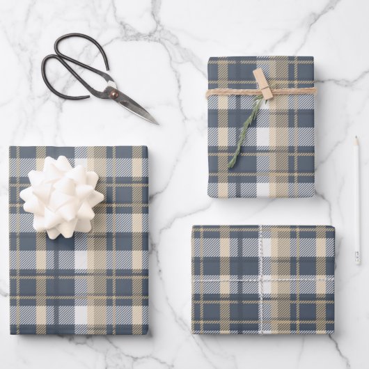 Tartan - marinezuur, zand en natuurlijk wit inpakpapier vel (Voorkant)
