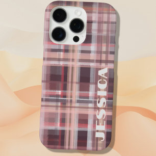 Tartan Monogram Bourgondië Rood Blush Roze Strepen iPhone 16 Pro Hoesje
