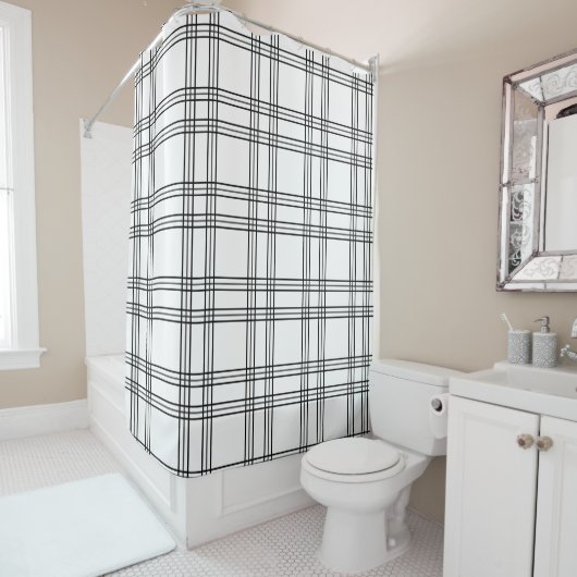 Tartan Plaid Blanc Avec Rideau De Douche À Lignes (En situation)