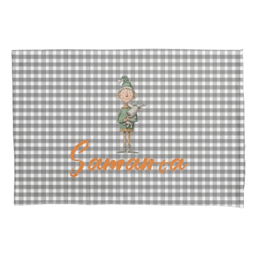 Tartan plaid christmas elf reideer grey white name kussensloop (Voorkant)
