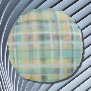 Tartan plaid moderne pastel grijs groen blauw geel rond kussen