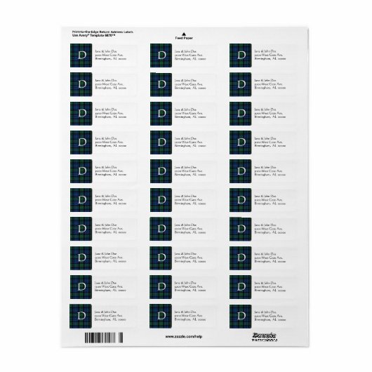Tartan Plaid Monogram Adresetiketten Etiket (Full Sheet)