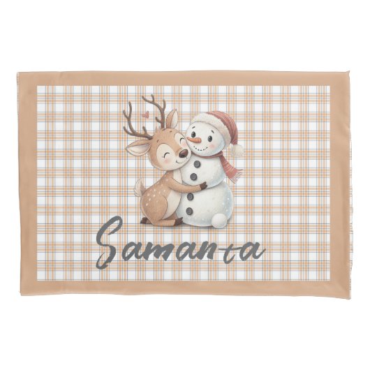 Tartan plaid reindeer snowman beige white name kussensloop (Voorkant)