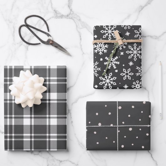 Tartan Pset en Snowflake Monochroom Inpakpapier Vel (Voorkant)