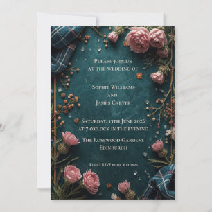 Tartan Roos Botanische Teal Bruiloft Uitnodiging