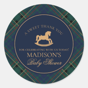 Tartan Schommelpaard Baby Shower Favor Ronde Sticker