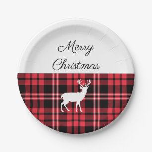 Tartan Schots Rood Kerst Wit Herten Papieren Bordje