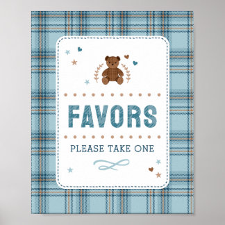 Tartan Teddy Bear, Baby Boy Shower FAVOR SIGN Poster