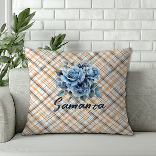 tartan waterverf roos beige blauw naam kussen