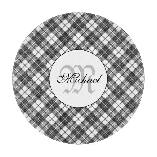 Tartanpatroon Kerstzwart wit monogram Snijplank (Voorkant)