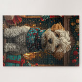 Tarweterriër hond met kerstcadeaus open haard legpuzzel (Horizontaal)