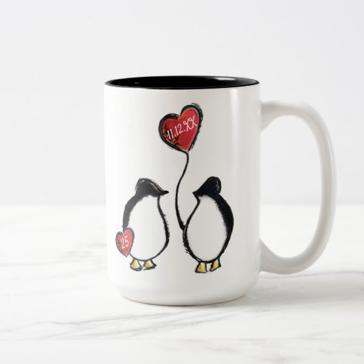 Tasse 2 Couleurs 25e anniversaire mariage d'argent pingouin (Droit)
