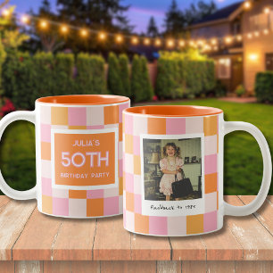 Tasse 2 Couleurs 50e anniversaire à carreaux rose et orange
