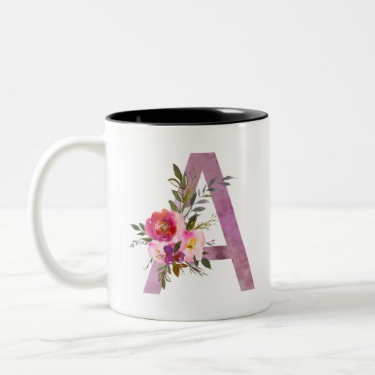 Tasse 2 Couleurs A, Floral Monogramme initial, Fleur aquarelle (Gauche)