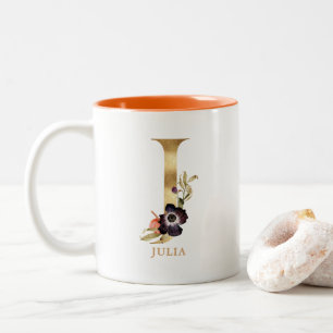 Tasse 2 Couleurs Alphabet d'or personnalisé J Monogramme Citrouil