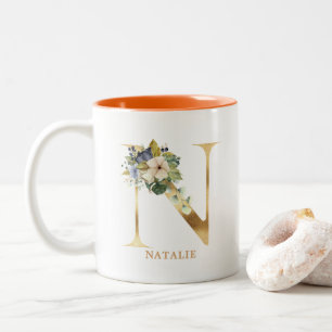 Tasse 2 Couleurs Alphabet Or N Monogramme  Foliage de feuilles