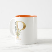 Tasse 2 Couleurs Alphabet or P Monogramme | Feuillage de feuilles (Devant gauche)