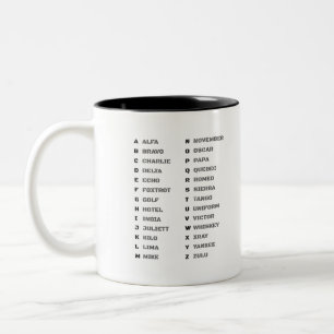 Tasse 2 Couleurs Alphabet phonétique pour l'armée ALFA-ZULU