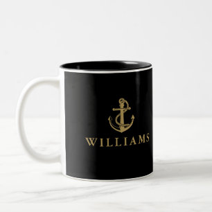 Tasse 2 Couleurs Ancre de bateau nautique nom personnalisé noir et