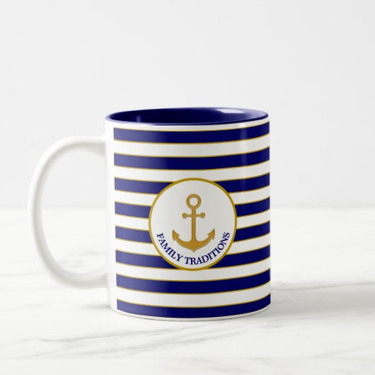 Tasse 2 Couleurs Ancre familiale sur Bleu & Blanc rayé (Gauche)