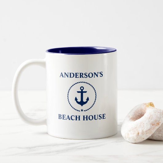 Tasse 2 Couleurs Ancre nautique de bleu marine de Chambre de plage (Avec donut)