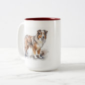 Tasse 2 Couleurs Aquarelle Australian Shepherd (Devant gauche)