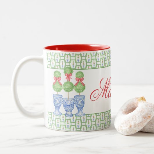 Tasse 2 Couleurs Aquarelle Chinoiserie Christmas Bow Topiary (Avec donut)