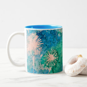 Tasse 2 Couleurs Aquarelle de Dandelion bleu et vert abstrait