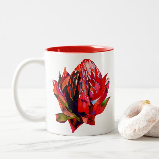 Tasse 2 Couleurs Aquarelle de fleurs indigènes de Waratah (Avec donut)