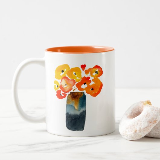 Tasse 2 Couleurs Aquarelle de pavot orange et rouge (Avec donut)