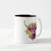 Tasse 2 Couleurs Aquarelle de vache Highland avec couronne de fleur (Devant droit)
