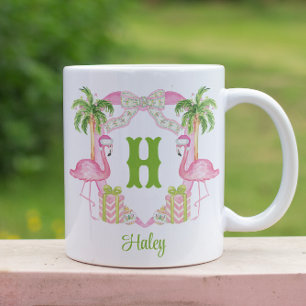 Tasse 2 Couleurs Aquarelle Flamant rose rose Monogramme Crest Noël