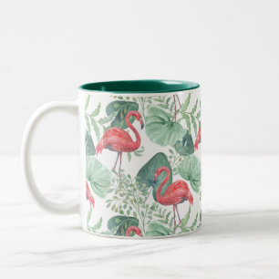 Tasse 2 Couleurs Aquarelle flamants roses et feuilles.