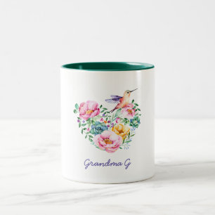 Tasse 2 Couleurs Aquarelle Floral Coeur Hummingbird Grand-mère Cade