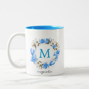 Tasse 2 Couleurs Aquarelle Magnolia bleu Monogramme de couronne