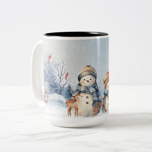 Tasse 2 Couleurs Aquarelle mignonne Snowmen (Devant gauche)