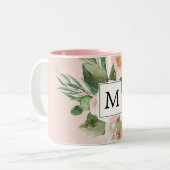 Tasse 2 Couleurs Aquarelle moderne Fleurs roses Monogrammes (Devant gauche)