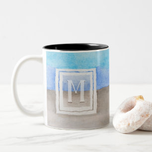 Tasse 2 Couleurs #Aquarelle #Monogramme #Mer & Sable Bleu et Tan