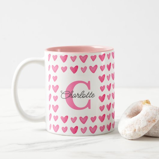 Tasse 2 Couleurs Aquarelle monogramme personnalisable Coeurs roses (Avec donut)
