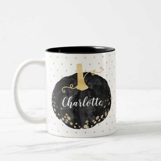 Tasse 2 Couleurs Aquarelle noir et or Monogramme Citrouille Hallowe (Gauche)