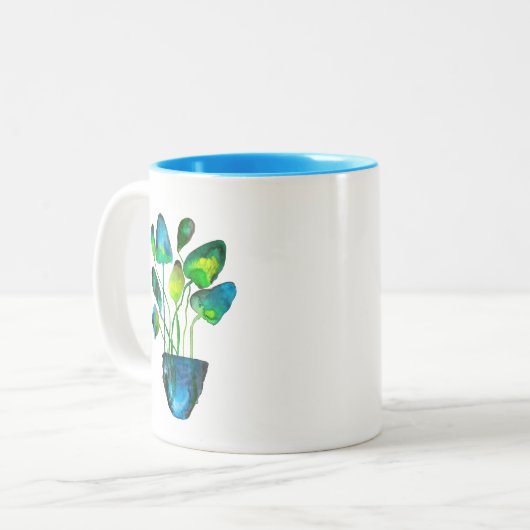 Tasse 2 Couleurs Aquarelle plante art vert et bleu abstrait (Devant gauche)