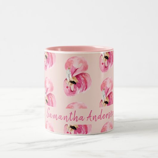Tasse 2 Couleurs Aquarelle rose exotique Flamingo Motif et nom (Centre)