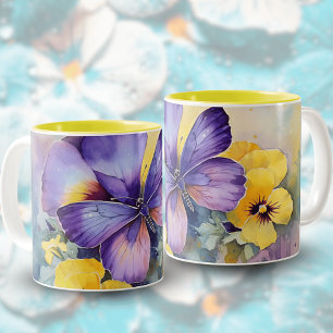 Tasse 2 Couleurs Aquarelle Springtime Purple Papillon en céramique 