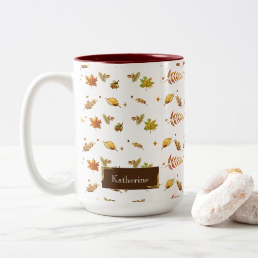 Tasse 2 Couleurs Aquarelle Thanksgiving Chute Feuilles Monogramme (Avec donut)