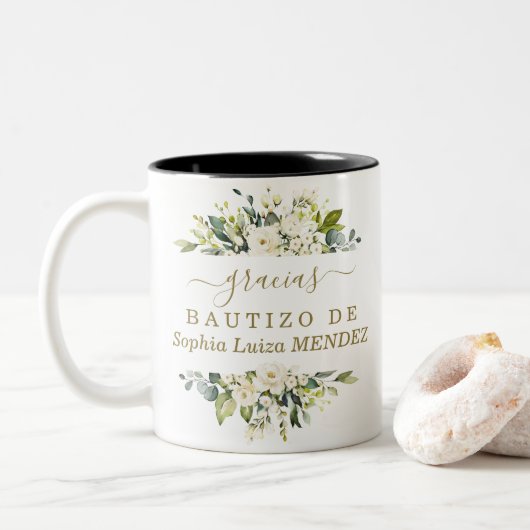 Tasse 2 Couleurs Aquarelle unique Fleurs blanches espagnol Bautizo (Avec donut)