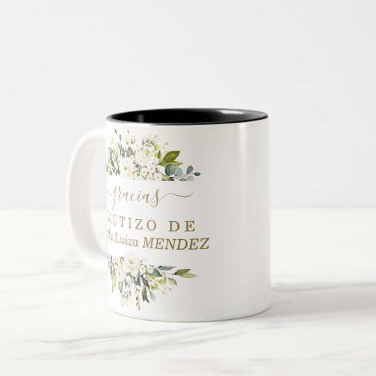 Tasse 2 Couleurs Aquarelle unique Fleurs blanches espagnol Bautizo (Devant gauche)