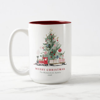 Tasse 2 Couleurs Arbre de Noël à l'aquarelle Train Jouet Famille Pe