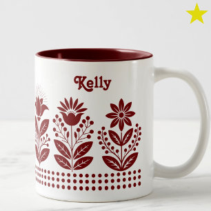 Tasse 2 Couleurs Art floral minimaliste rouge foncé nom personnalis